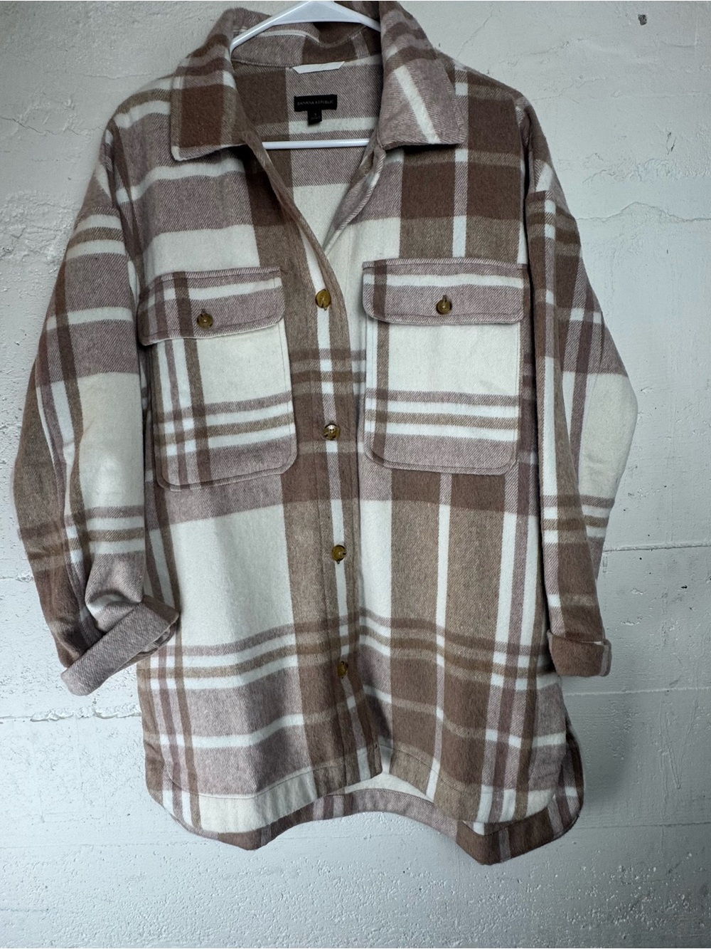 Banana Republic Flannel Shirt Jacket Shacket Plaid oversized Small Cabincore tan